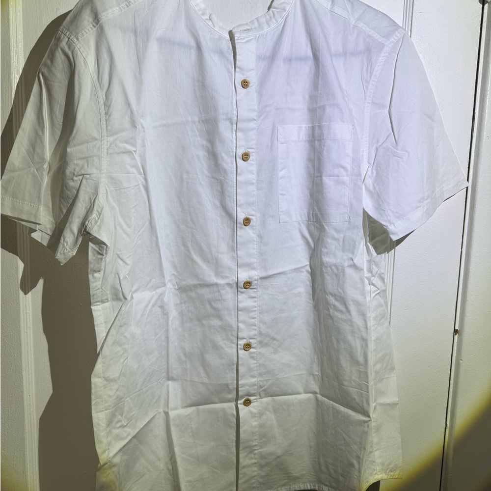 SHEIN White Short-Sleeve Band Collar Button-Down Shirt